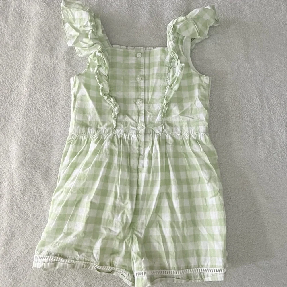 Janie and Jack | Green Gingham Smocked Romper with Ruffle Straps & Pockets | 5